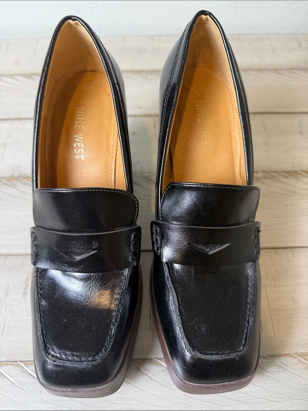 Nine West Chunky Black Square Toe Loafer Style Platform Shoes Size 8.5